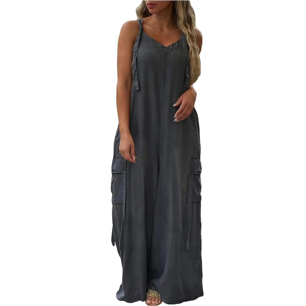 Women's Fashion Casual Loose Pocket V-Neck Colour Jumpsuit