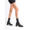 Black Leather Stretch Ankle Zippered Blunt Heeled Women's Boots