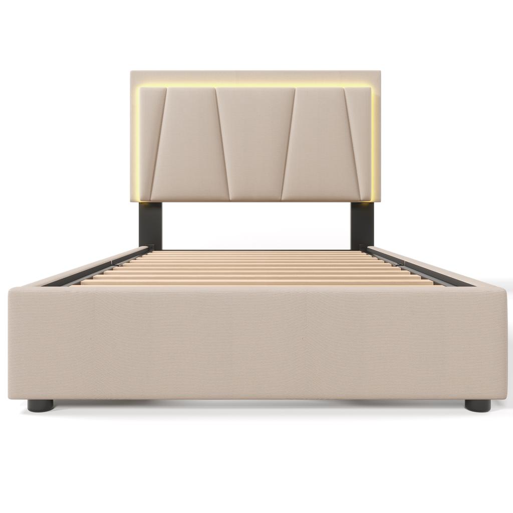 Upholstered Bed with LED Lighting and 2 Drawers, Height-Adjustable Headboard, Single Bed 90x200cm, Wooden Slatted Frame, Beige (With Mattress)