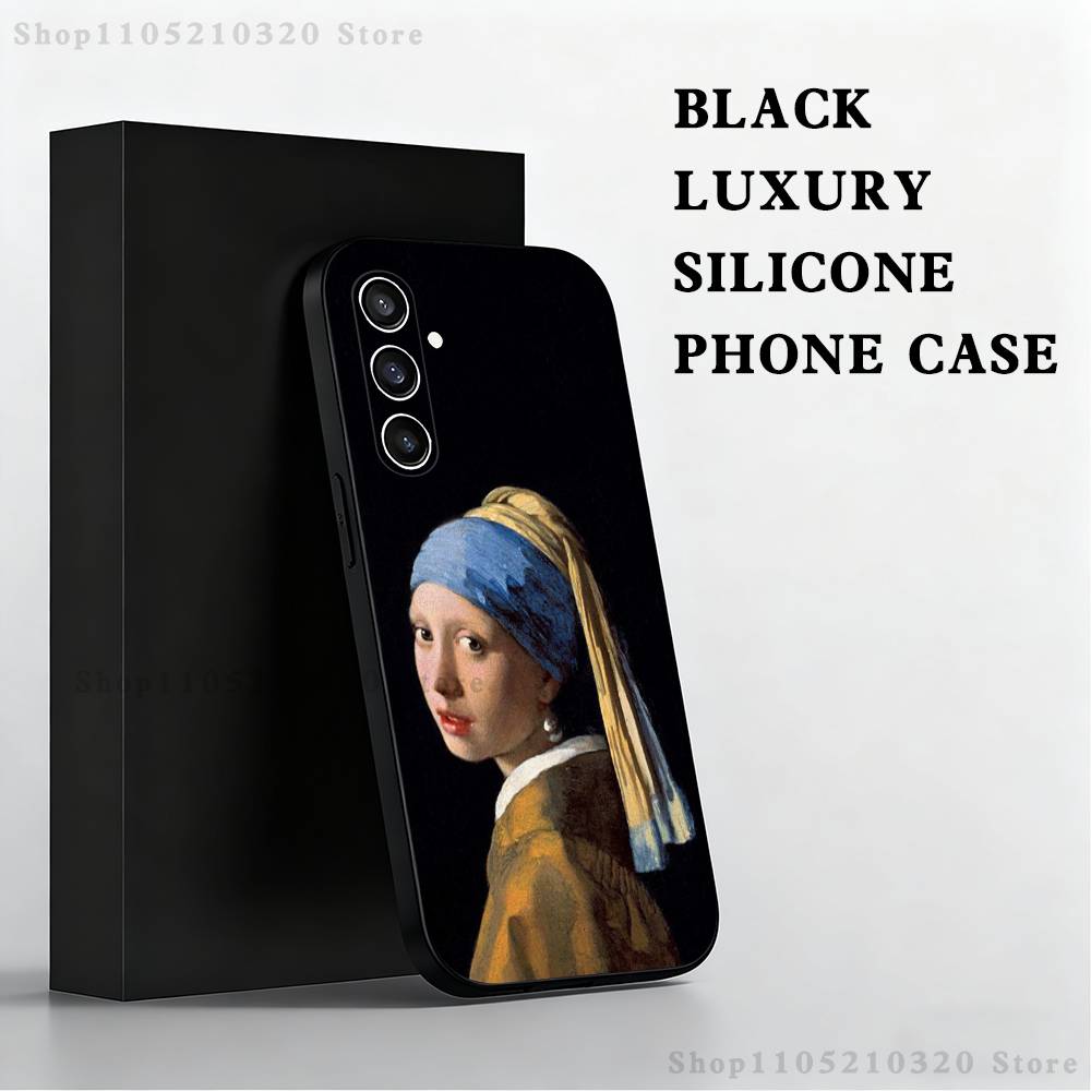 Girl Art V-Vermeer Painting Phone Case For Samsung S 25,24,23,22,30,21,10,9,Ultra,Plus,Lite,FE,4,5 G Black Soft Case