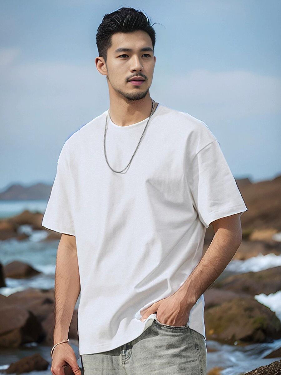 

Хлопковая однотонная эластичная посадка, не мнется, свободная, мужская, с коротким рукавом, модные топы с коротким рукавом, удобная легкая футболка M (85-50kg recommended) белый