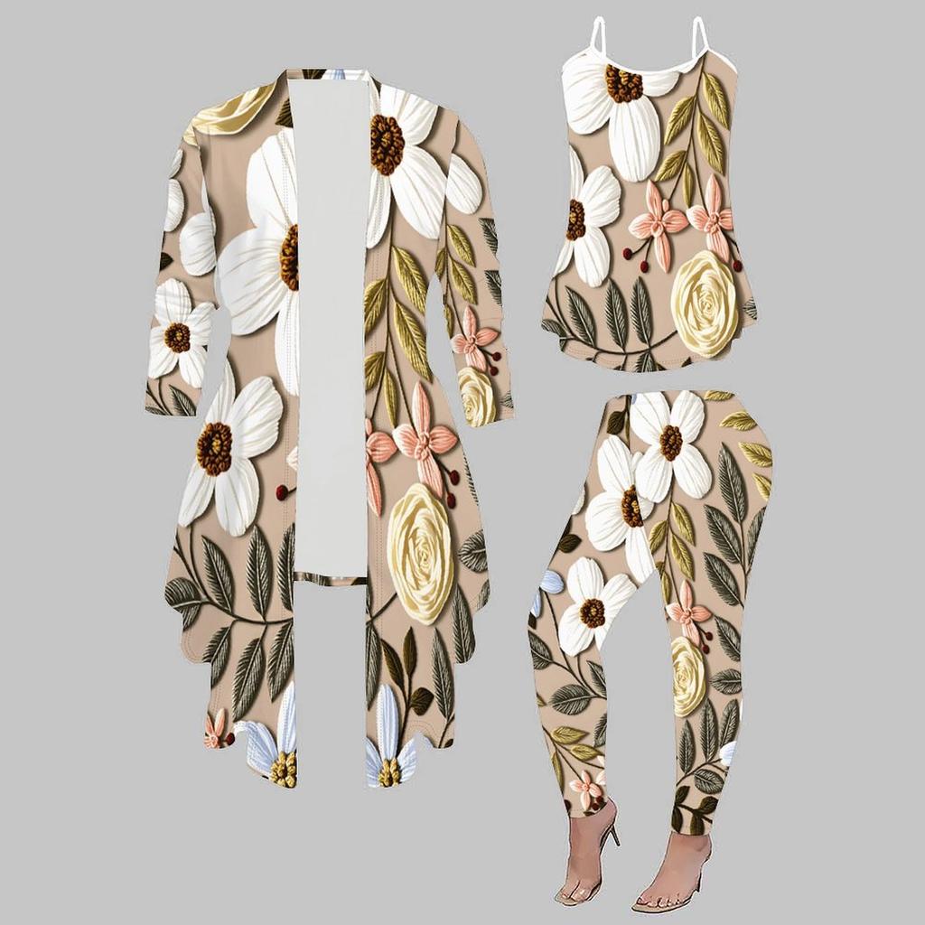 Plus Size Floral Print 3 Piece Outfit, Long Sleeve Open Front Cardigan Cami Top Leggings Set for Women