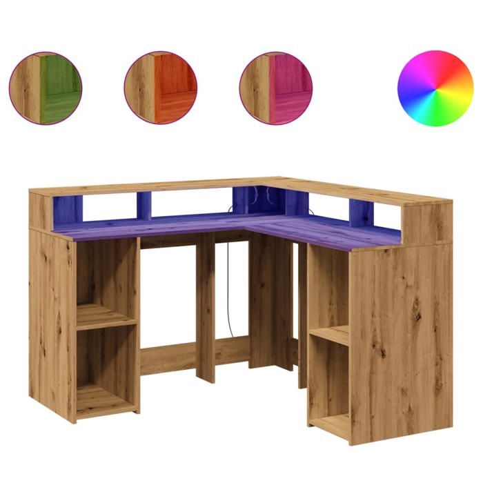 VidaXL Bureau avec lumières LED chêne artisanal bois d'ingénierie, bureau d'ordinateur, bureau d'écriture, meuble de bureau 3309455