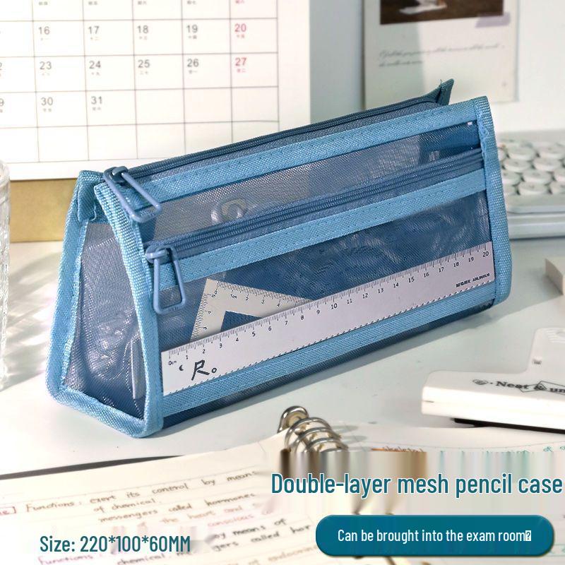 Transparent Mesh Double-Layer Pencil Case for Students - Large Capacity