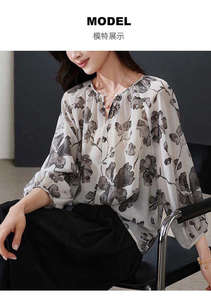 100% mulberry silk printed shirt for women's 2026 spring fashion versatile round neck silk top