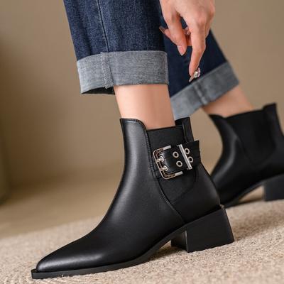 Damenstiefel Mittelhoher Absatz Spitz Einfarbig Vielseitig Weiches Leder Modische Kurze Stiefel Damenschuhe Stiefeletten für Damen