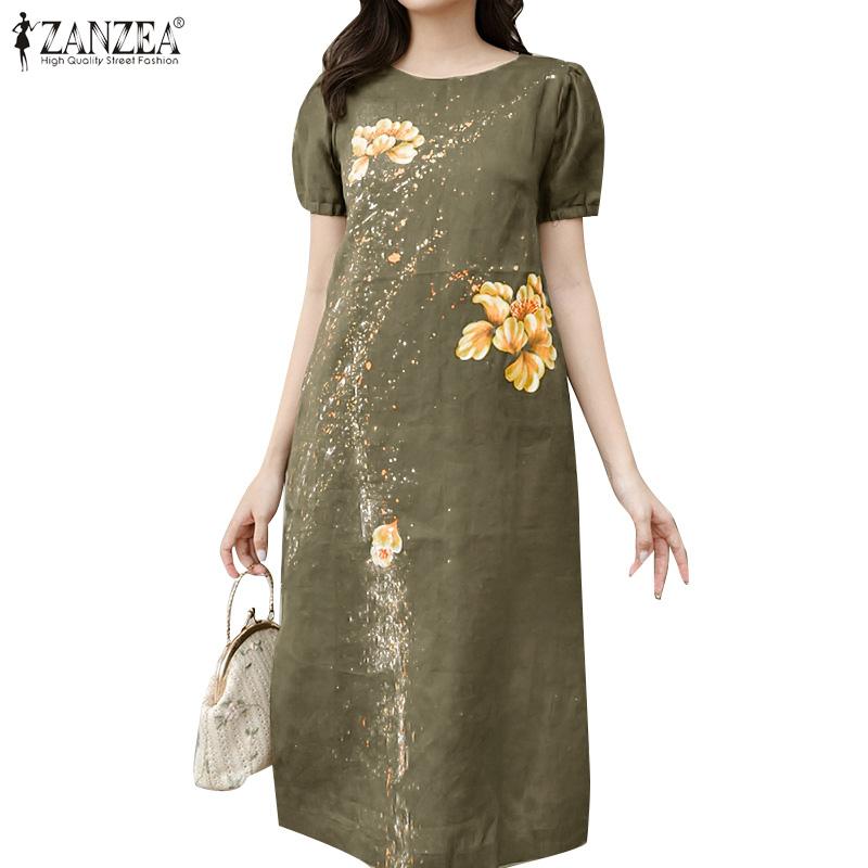

ZANZEA Женское повседневное летнее платье с короткими рукавами и круглым вырезом с цветочным принтом S зелёный