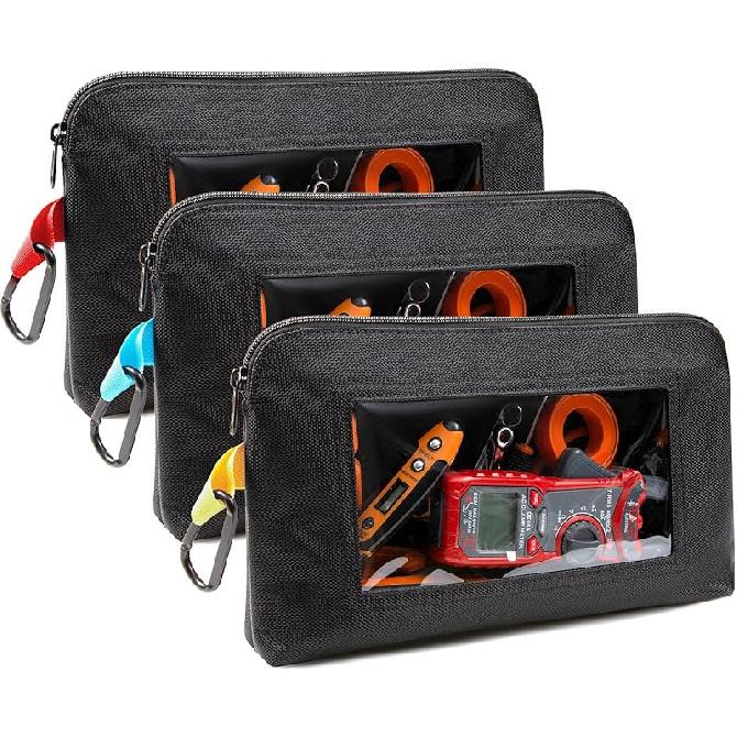 Tool Pouch with Clear Window, 1680D Oxford Small Tool Bag, Heavy Duty Tool Pouches with Zipper, Clear Utility Bag Zipper Pencil Pouches for 3 Pack