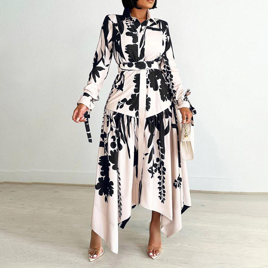 Women's Summer Fashion Print Dress with Turn-Down Collar and Long Sleeves
