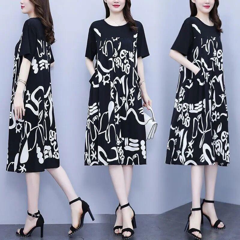 High-end dress women's new fat mm casual large size fashionable printing splicing loose belly and thin skirt