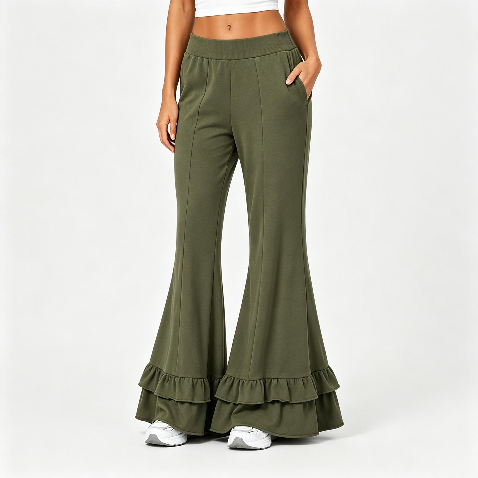 Women s Casual Wide Leg Pants, High Waist Elastic Waistband, Ruffle Hem for Summer Everyday Wear L