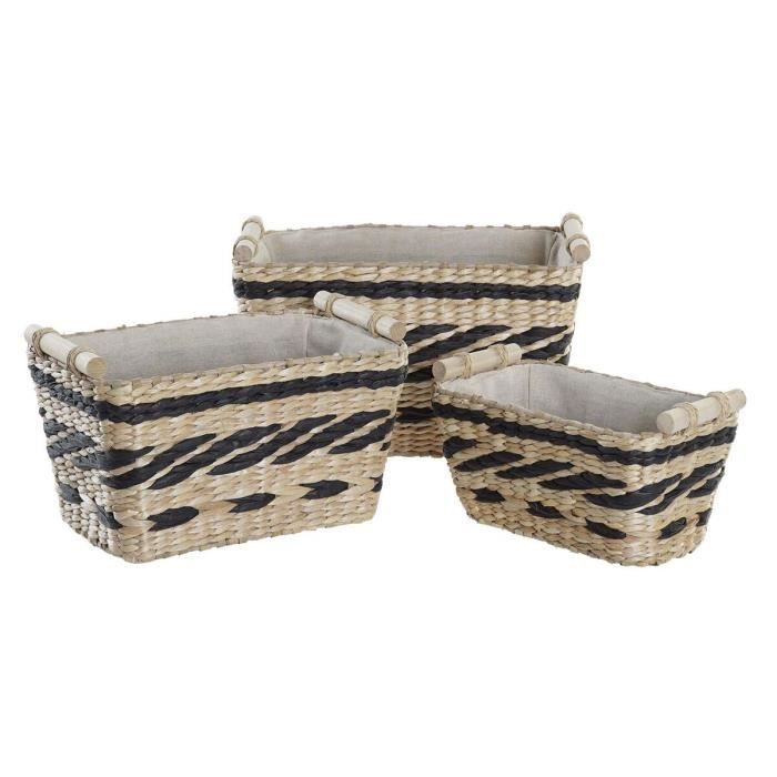 Corbeille - Lot de paniers africains - Bois et polyester - Gris - 38 x 26 x 24 cm