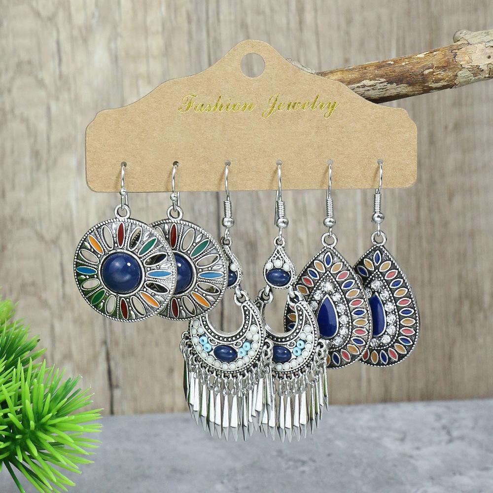 Bohemian Ethnic Style Earrings Set for Women Creative Retro Drop Oil Rhinestoen Water Drop Tassel Earring Female Jewelry