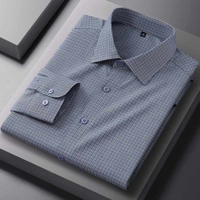 New in Shirt Luxury Houndstooth Long Sleeve Shirts for Men Slim Fit Casual Elastic Tops Soft Anti-Wrinkle Plaid Clothes