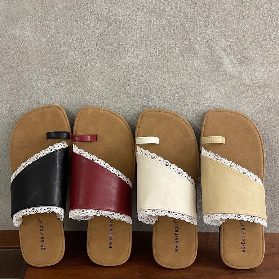 French Fairy Ballet Style Set Toe Flat-bottomed Slippers 2025 Summer New Soft-bottomed Beach One-word Lace Sandals