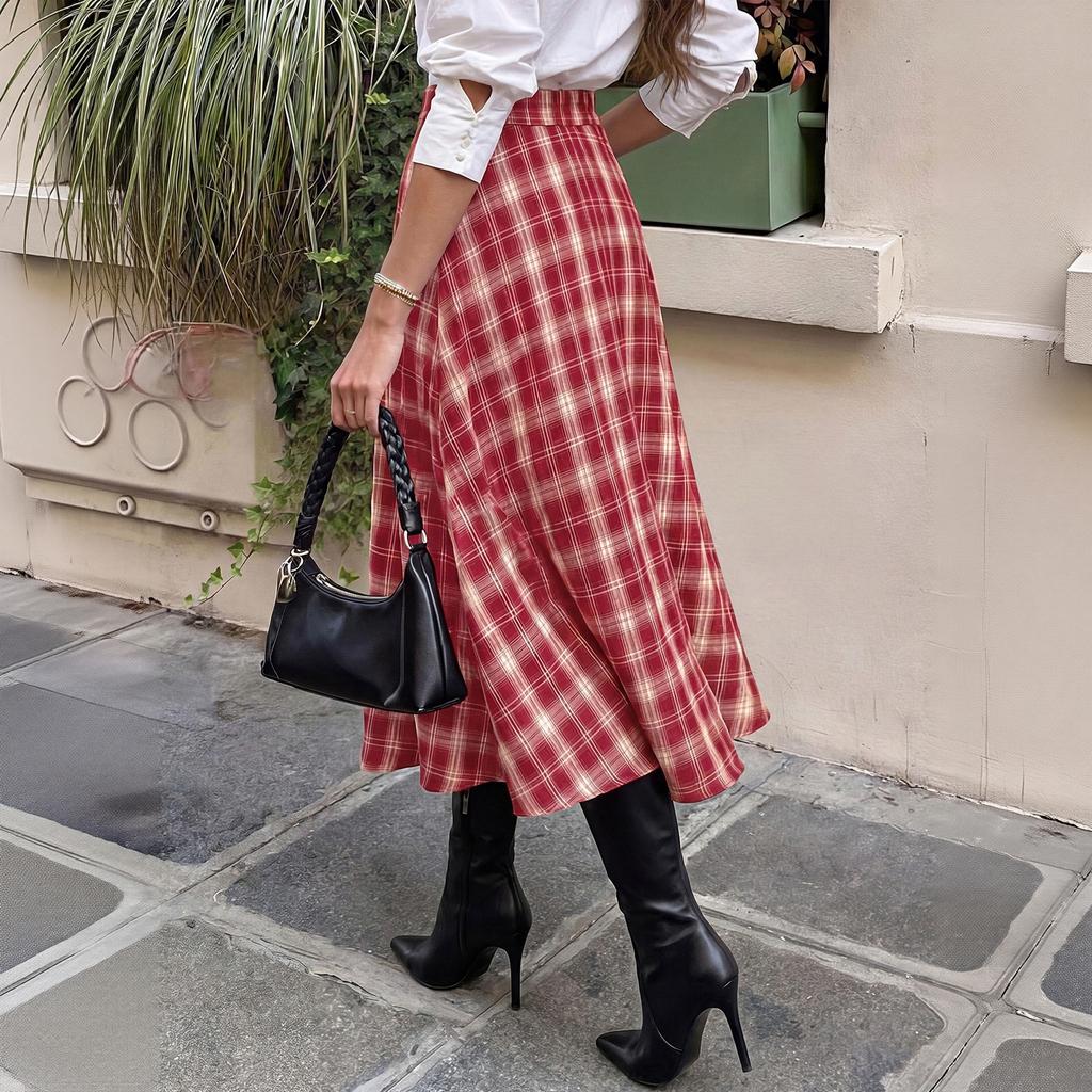 Women's Vintage Plaid High-Waist A-Line Casual Midi Skirt