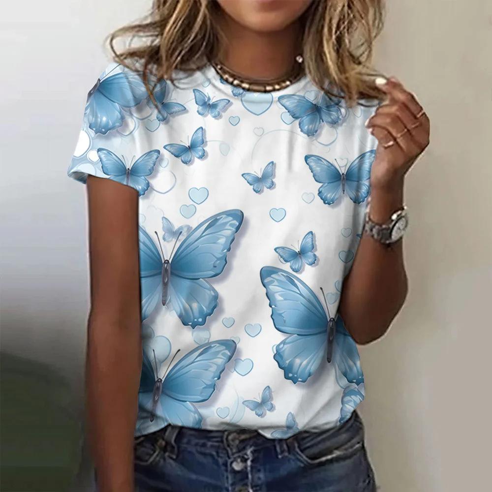 Butterfly and Flower Pattern 3D Digital Printing Women's Fashion Round Neck Short Sleeve T-shirt