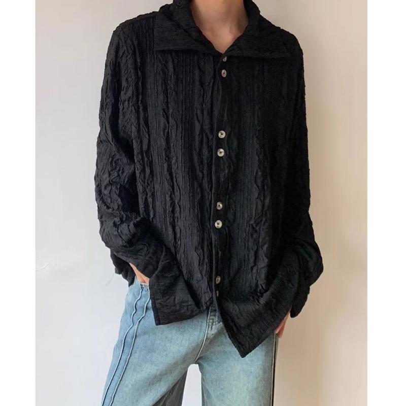 Men's French Style Vintage Pleated High Collar Button Up Shirt Spring Autumn Harajuku Solid Long Sleeve Loose