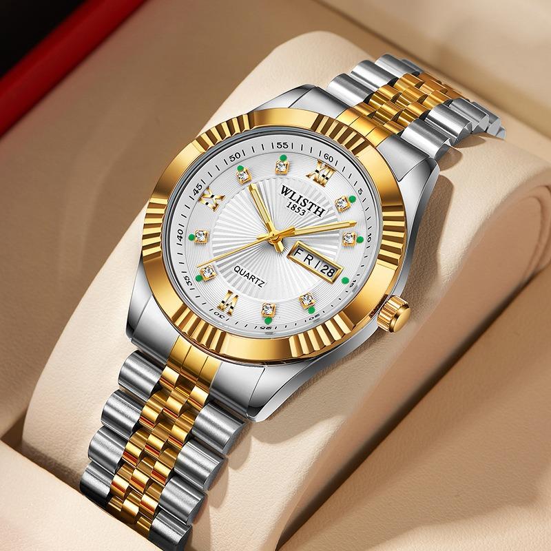 Top Brand Fashion Temperament Men's Watch Luminous Double Calendar Solid Steel Band Quartz Watch Couples Watch