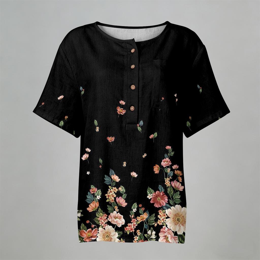 Women’s Fashion Printed Short Sleeve Cotton Linen Shirt with Henley Button Neckline and Chest Pocket for Casual Wear