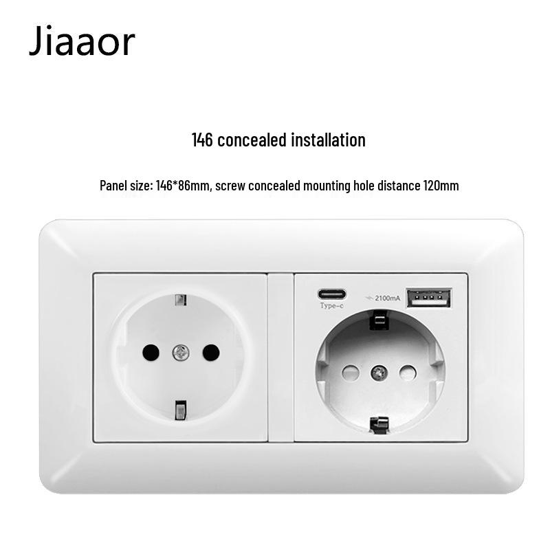 16A White German-Style Double Gang Wall Socket Panel with USB & Type C, European Standard.