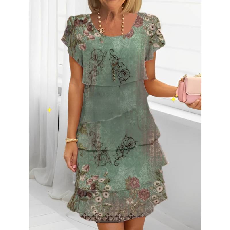 Polyester Short Sleeve Floral Print Dress With Digital Printing For Casual Spring Wear