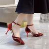 Red Satin Wedding Shoes New Korean Version French Pointed Rhinestone One-word Buckle Hollow Women's Single Shoes Stiletto High Heels