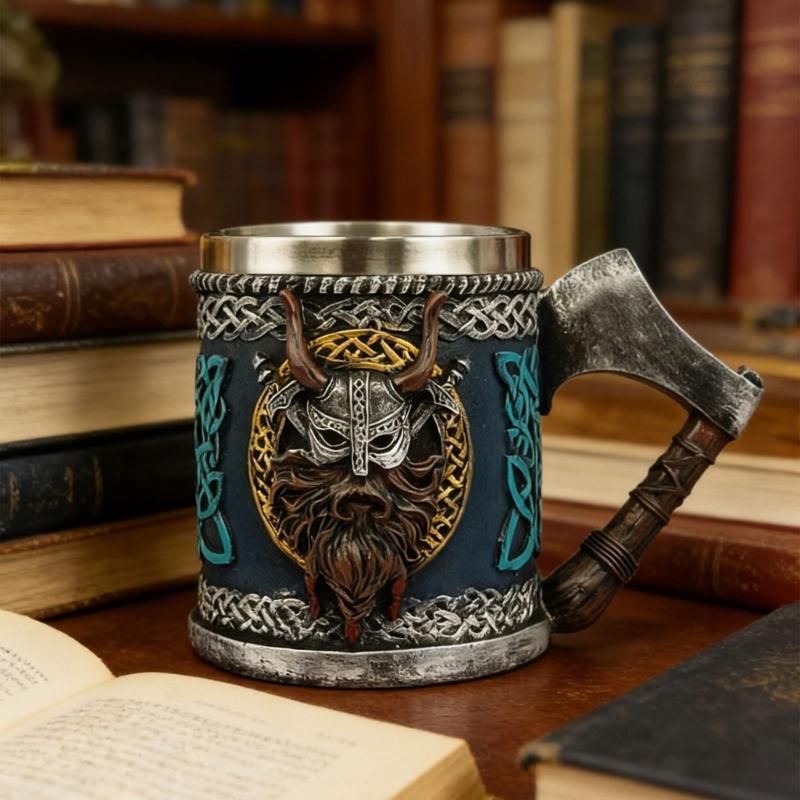 Medieval Pirate Drinking Cup With Ergonomic Axes Handle And Decorative Carvings Beer Mug For Beverage Enthusiasts Gift