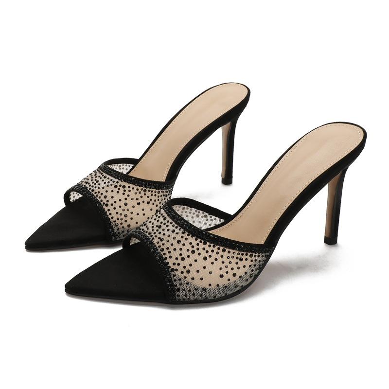 Fashion Summer Woman Thin Heel Rhinestone High Heel Slippers Fashion Open-toed Pointed End Slip-on Not Tired of Feet Stiletto