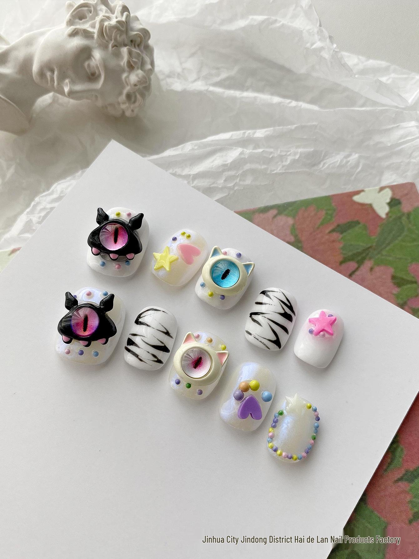 

Hand-Painted Cute Devil & Monster Press-On Nails: Blue & Pink Childlike Nail Art