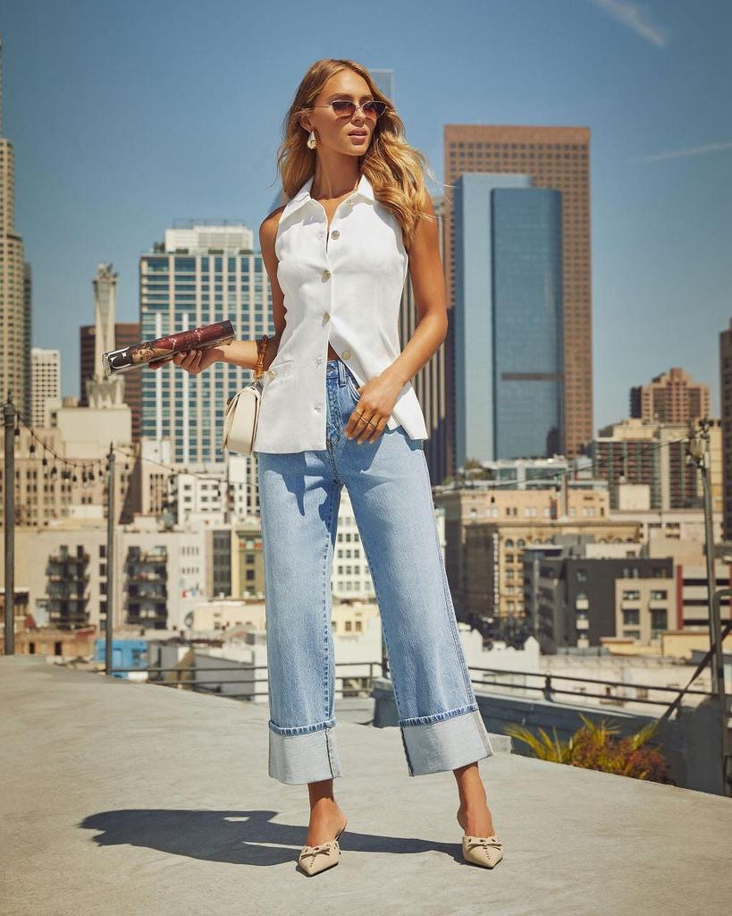 2025 Women's Retro High-Waist Straight-Leg Jeans with Elastic and Rolled Hem