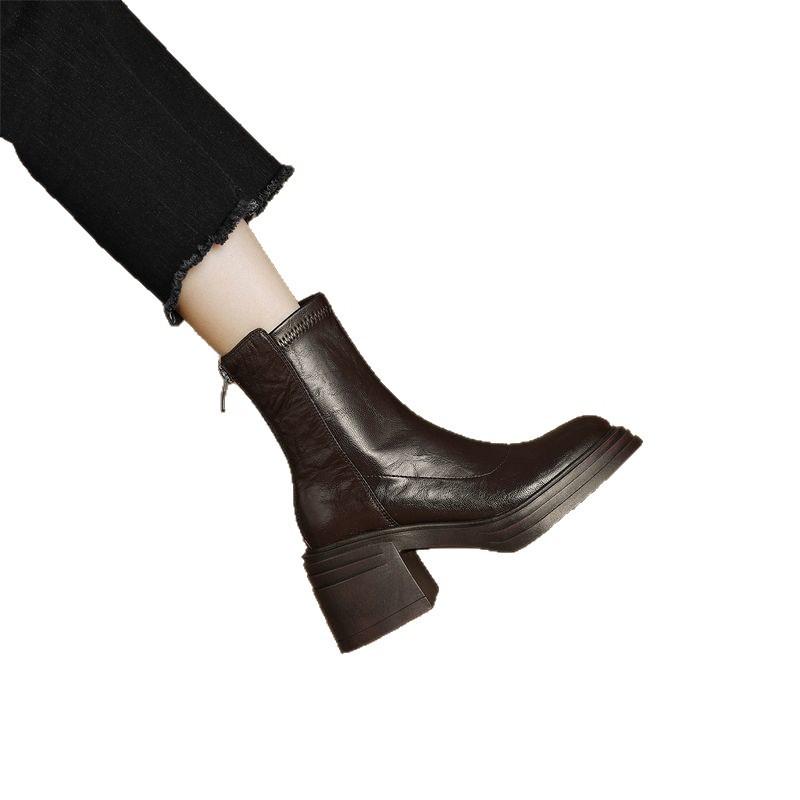 Retro Thick-soled Thick-heeled Martin Boots for Women's Autumn and Winter New Round-headed Velvet Warm Chelsea Boots Short Boots
