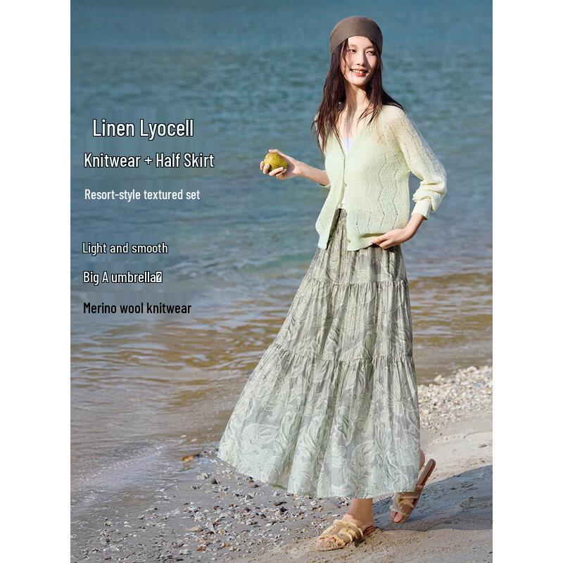 XWI Women s Linen Tencel Resort Style Cardigan & Skirt Set M