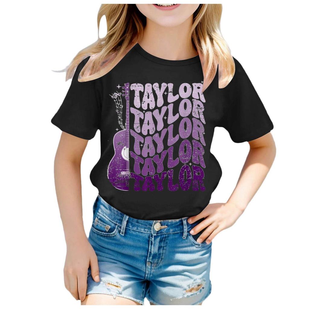 Summer Round Neck 3D Guitar Printed Top Fashionable Casual Short Sleeved Children's Girl T-shirts