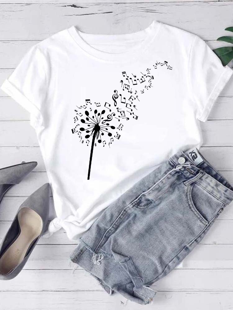 T-shirt Mode Femme Imprimé Notes de Musique T-shirt Décontracté Hauts Noirs Années 90 Dames Filles T-shirt FeUnisex Harajuku T-shirt Graphique