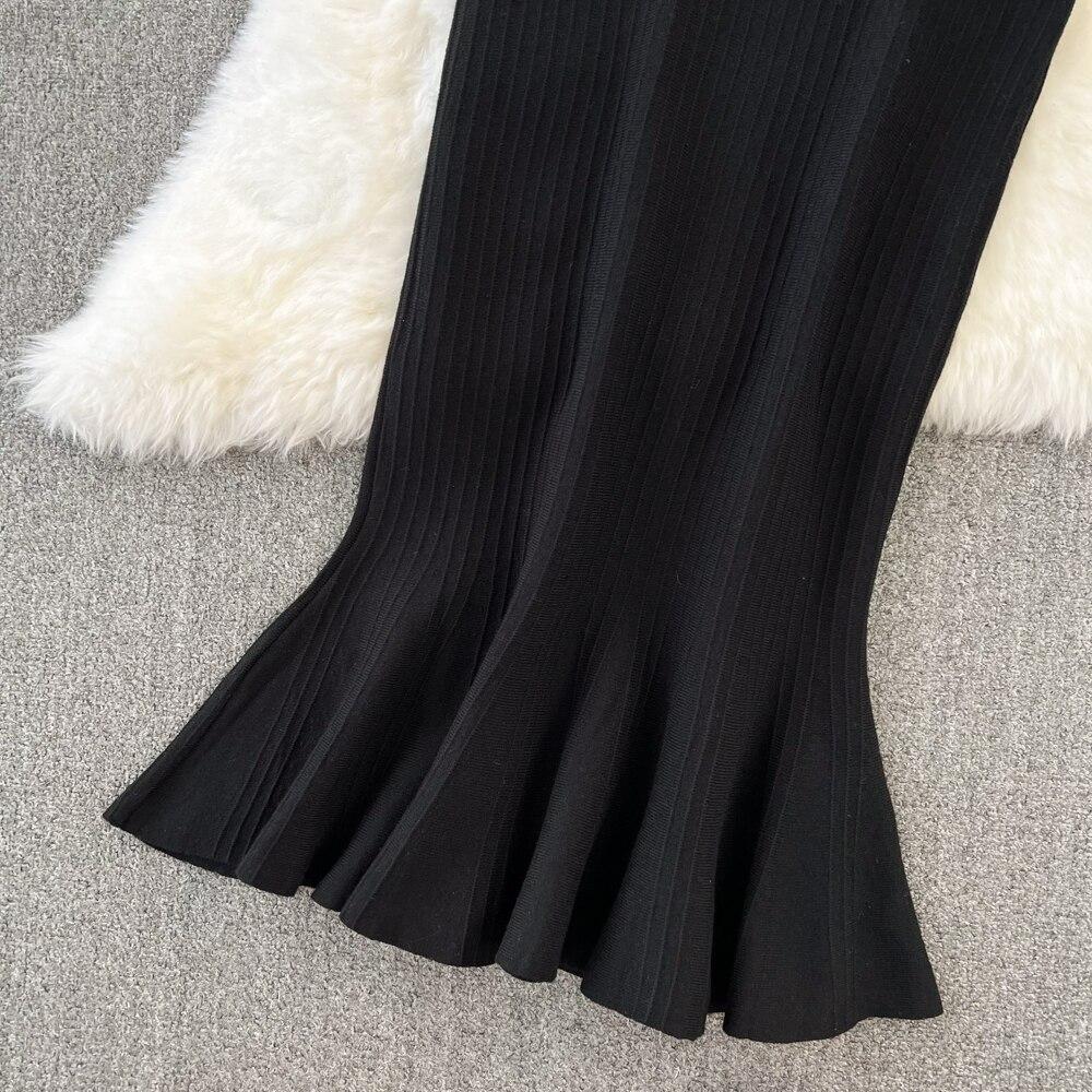 Fashionable Suit Female Retro Temperament Round Neck Ruffled Sweater Cardigan Jacket + High Waist Fish Tail Skirt Two Pieces