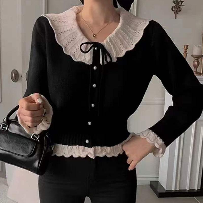 

Осень и зима новый французский ретро кукольный вязаный свитер для женщин нежный стиль свободный короткий свитер тренд One Size чёрный