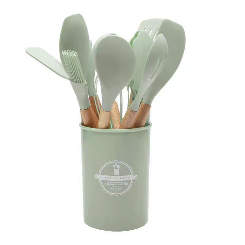 12-Piece Non-Stick Silicone Kitchen Utensil Set with Wooden Handles