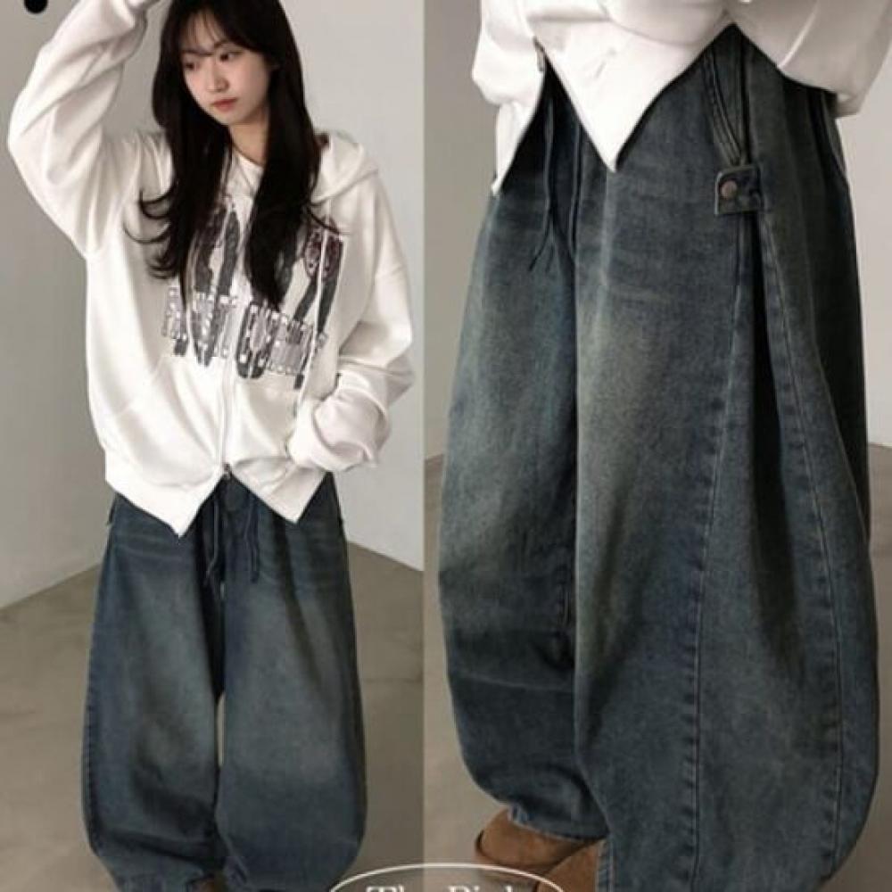 The Pink Women S Rugged Banding Vintage waSh Side Tuck Wide Denim pantS