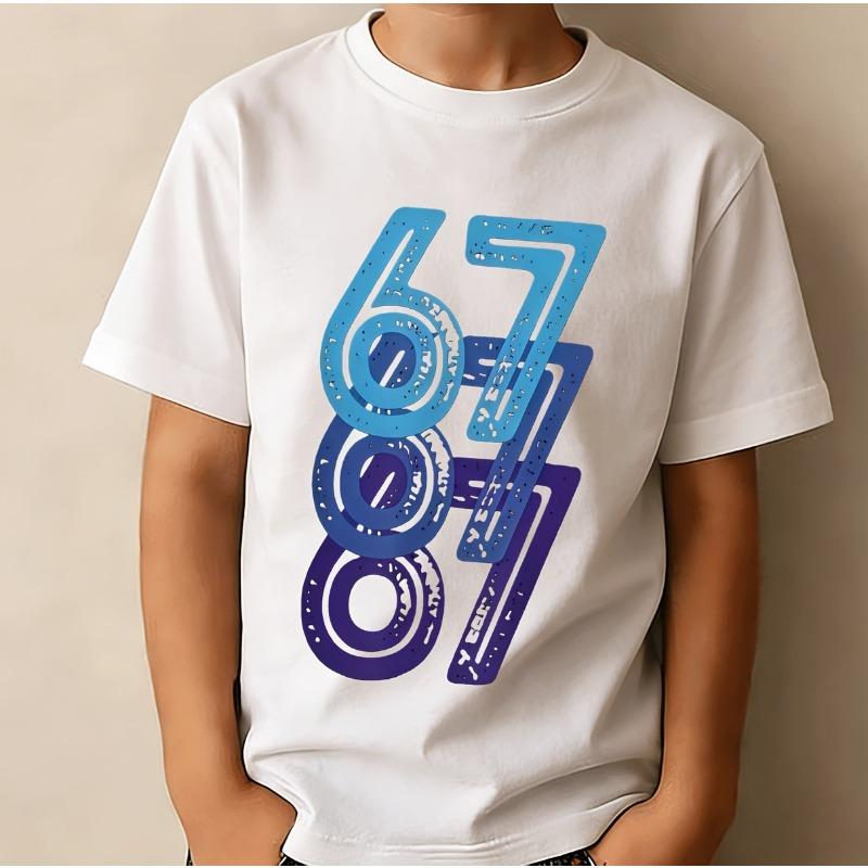 Children Crew Neck Short Sleeve T-Shirt with Aesthetic Number 67 Print 110 белый