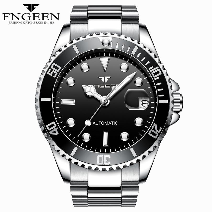 Fen Zun Blue/Green Luminous Black Men s Automatic Mechanical Waterproof Wristwatch with Stainless Steel Strap