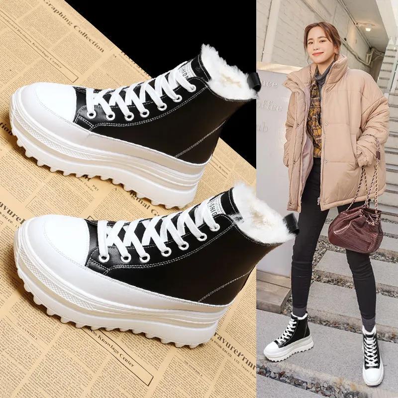 Fashion 7CM Genuine Leather Ankle Boots Casual Chunky Sneakers Winter Plush Boots Spring Autumn Platform Wedge Hidden Heel Women Shoes