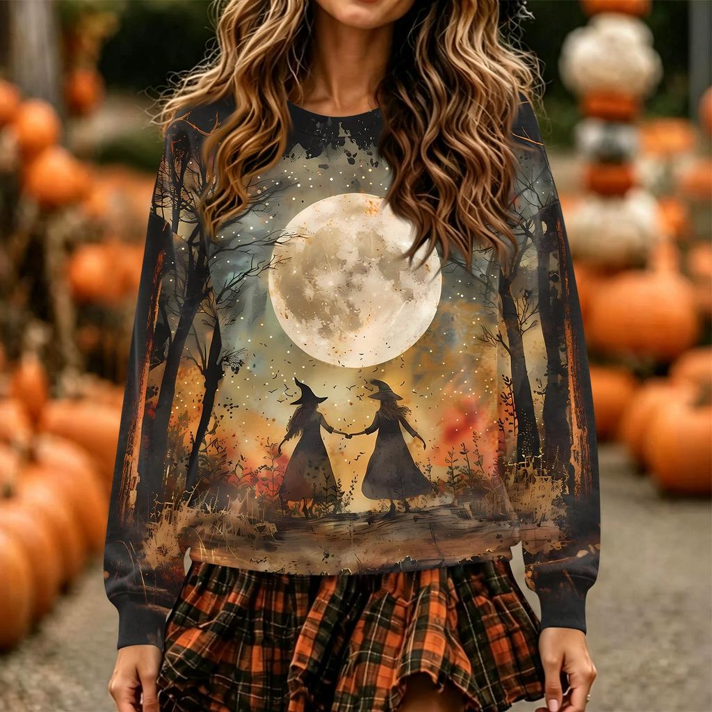 Women's Halloween Print Neck Pullover Sweatshirt, Long Sleeve Casual Fashion Top