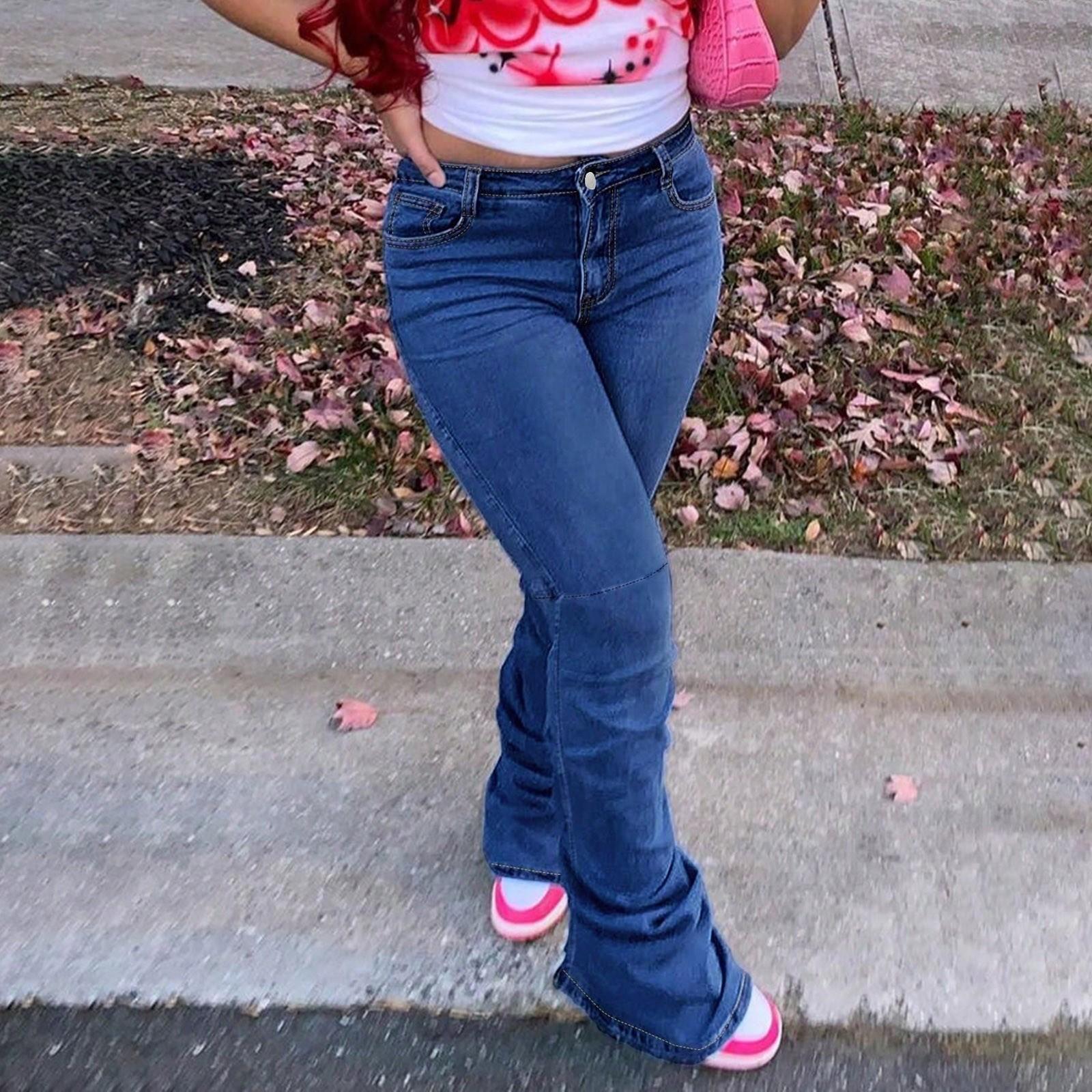 

Women s Loose And Casual Trend Ripped Casual Fashion Tight Fitting Leg Jeans L синий