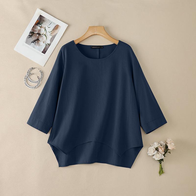 ZANZEA Women Casual Round Neck 3/4 Sleeve Loose Irregular Blouse
