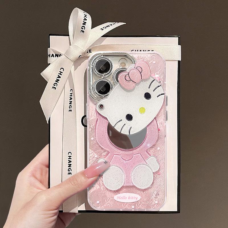 Cute Hello Kitty mirror is suitable for Apple 16 Pro mobile phone case 15 all-inclusive anti-drop 14 advanced sense 13 glacier pattern x