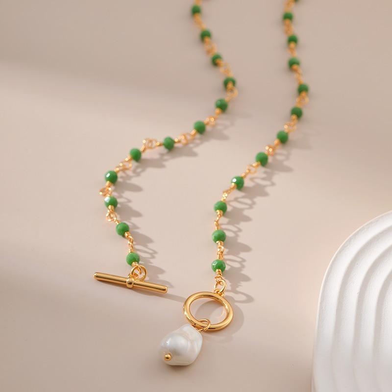 Women Multi Layer Green Bead 18k Gold Plated Irregular Pearl Pendant Necklace