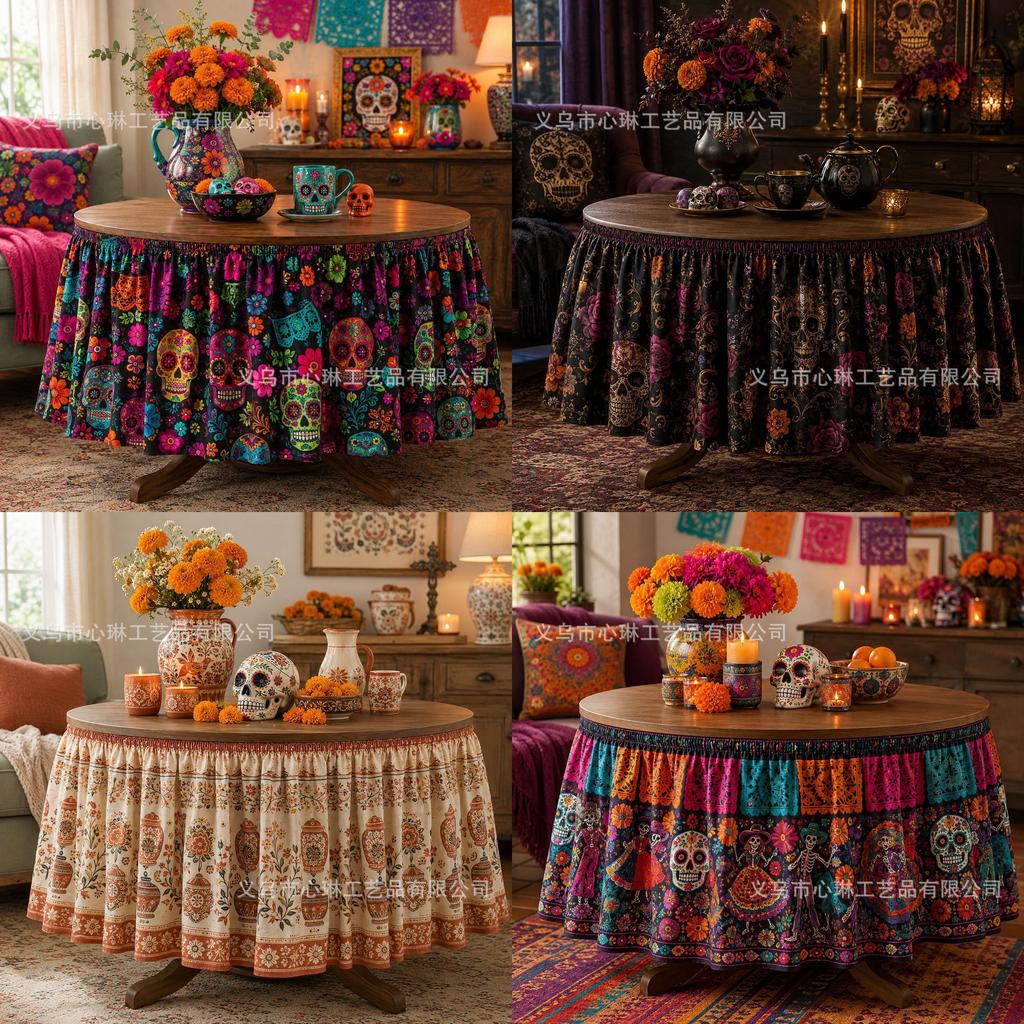 Dia De Los Muertos Table Skirt Mexican Skull Pattern Polyester Party Decor For Events