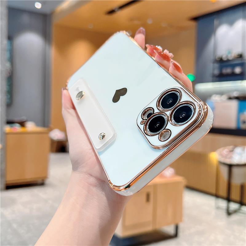 Korean Cute Electroplate Love Heart Wrist Strap Case For iPhone 14 13 Mini 12 11 Pro Max X XS XR 7 8 Plus Shokcproof Stand Cover