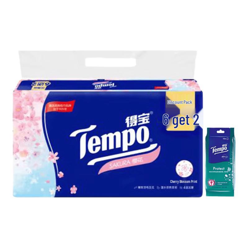 Tempo Cherry Blossom Facial Tissue 4-Ply 90 Pulls 8-Pack with Wet Wipes